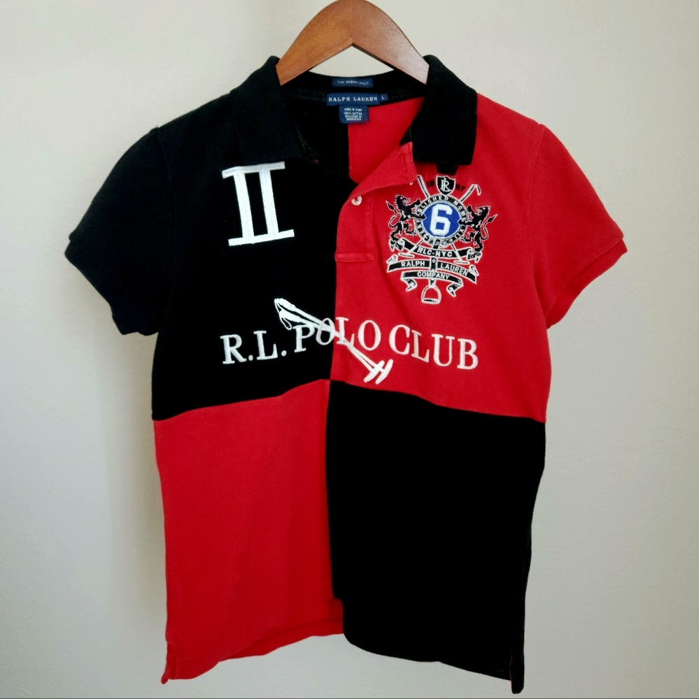 RALPH LAUREN Women's Short Sleeve Polo Shirt Thr Skinny Polo Red Black L
